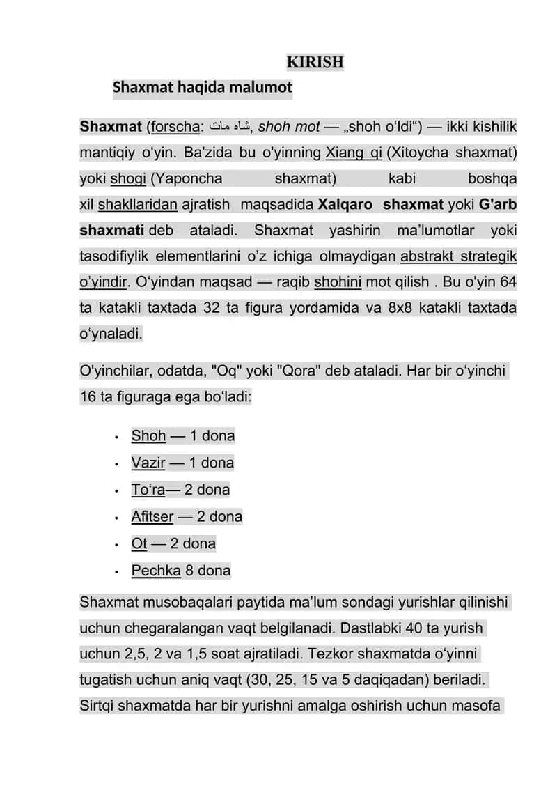 Shaxmat sport turini tarixi va xozirgi kunlardagi 2