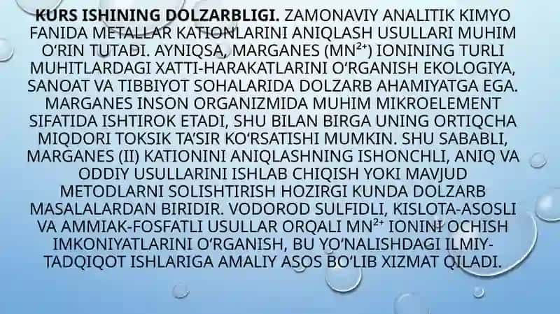 Marganes(ii) kationining analitik kimyo sifatida o'rganish 2