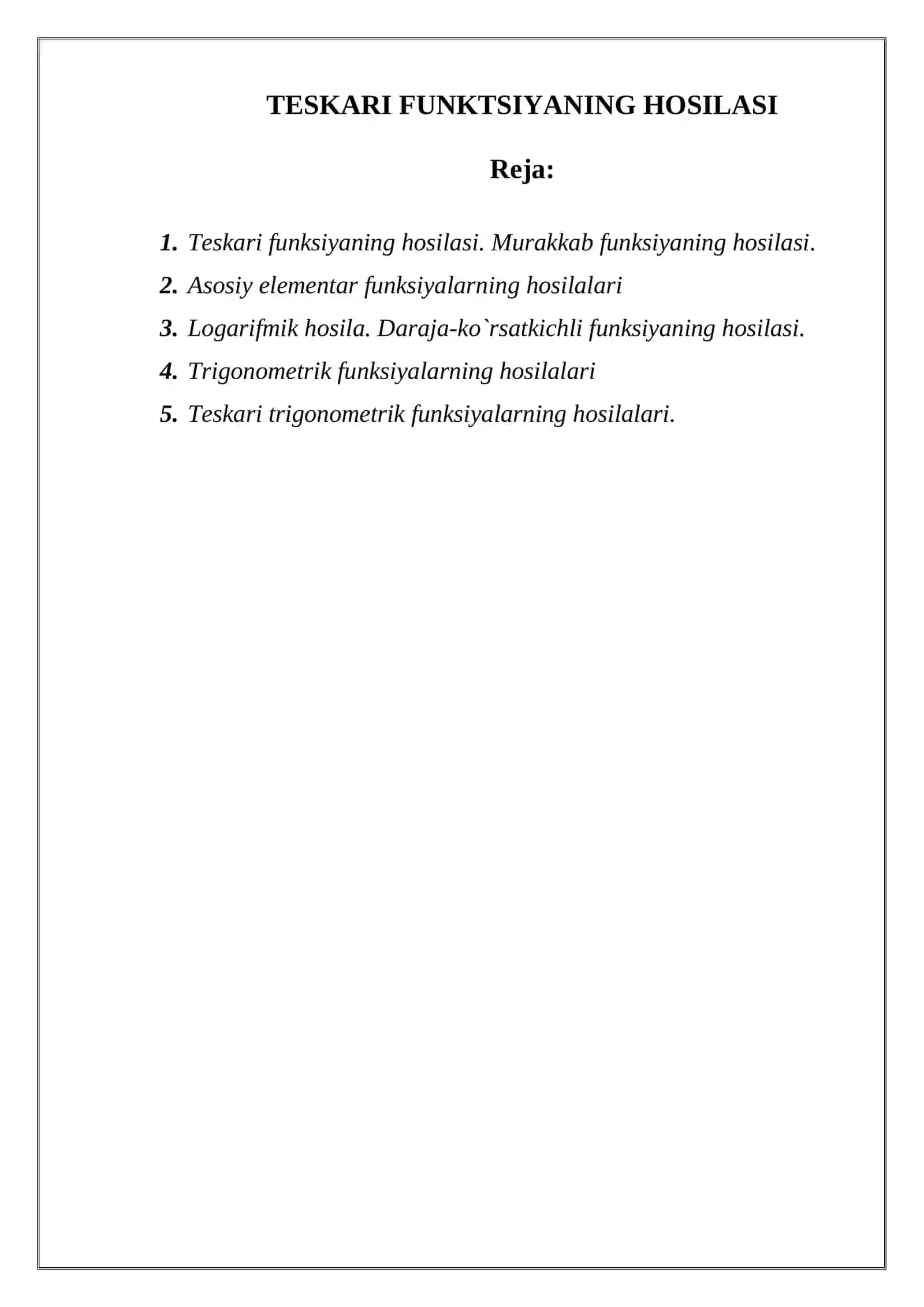TESKARI FUNKTSIYANING HOSILASI 2