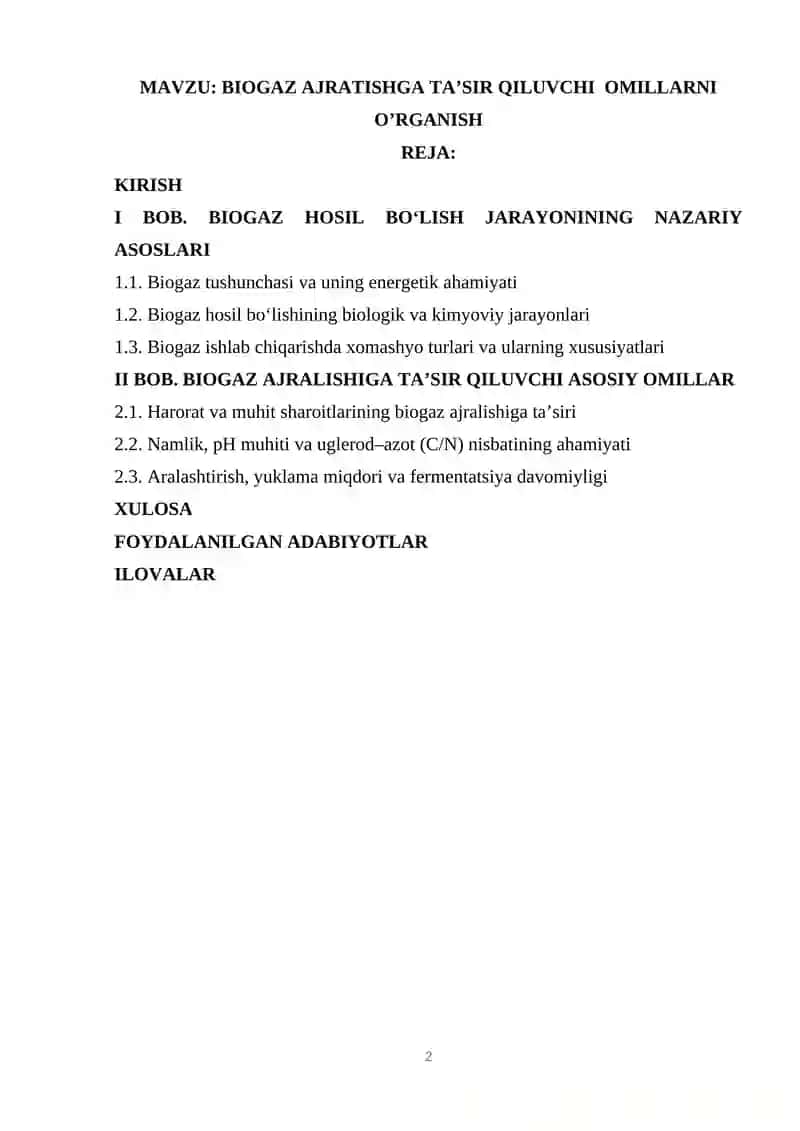 Biogaz hosil qilish kurs ishi 2