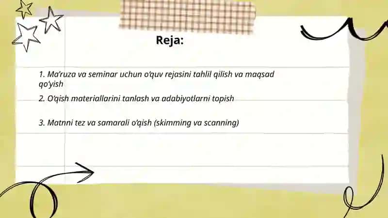 Ma’ruza va seminar mashg‘ulotlariga tayyorgarlik korish va uy ishlarini bajarish 2