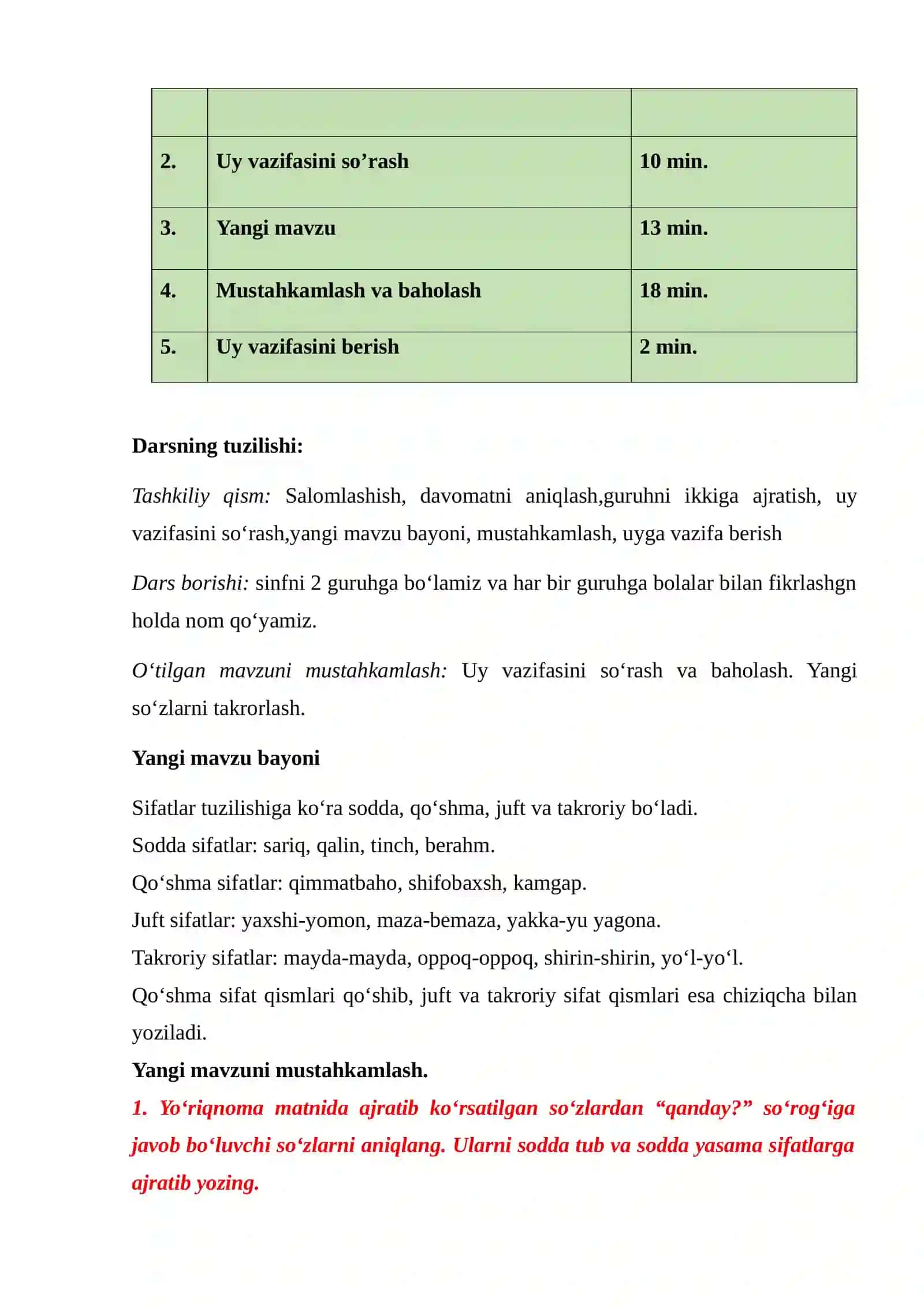 “Sifatlar imlosi, ularning tuzilishi dars ishlanma 2
