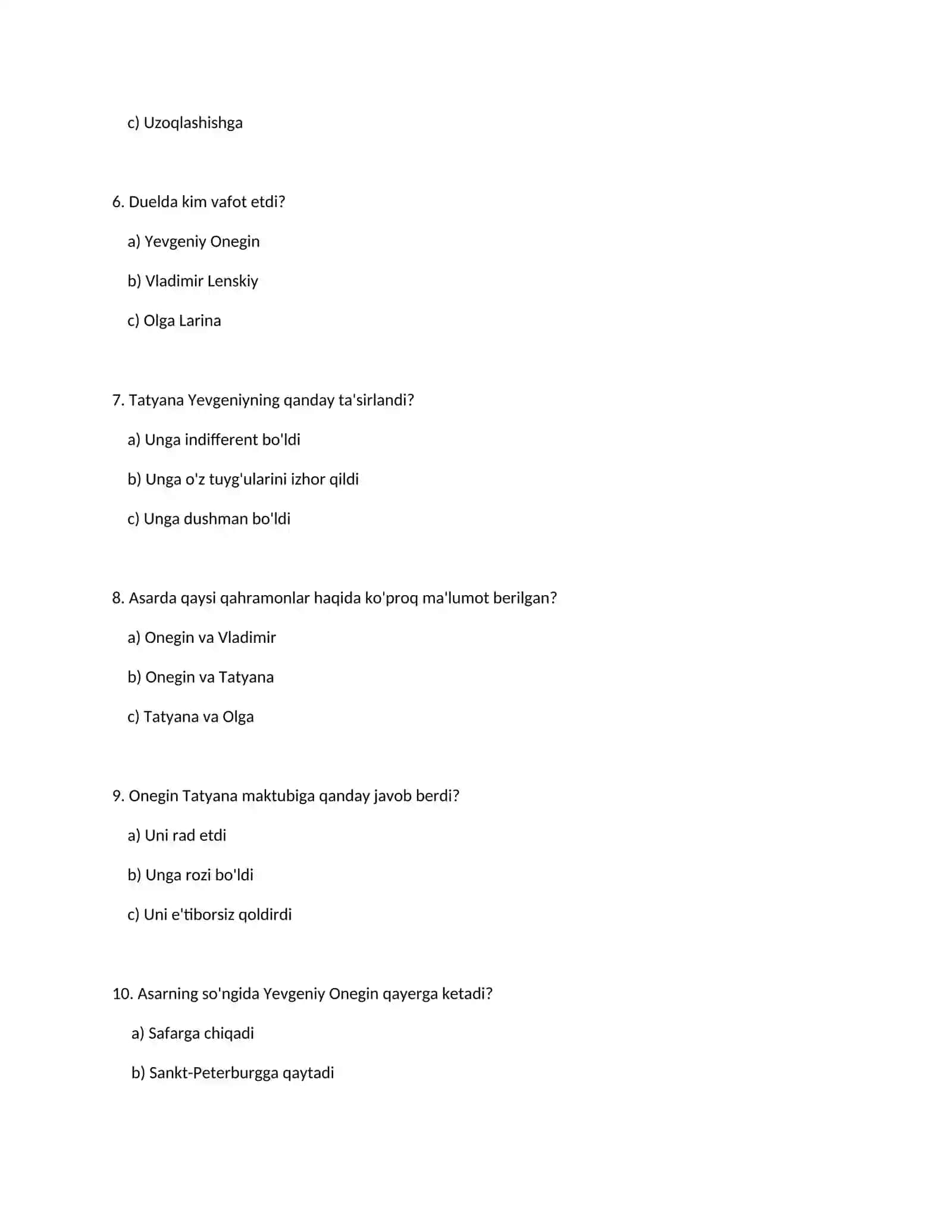 "Yevgeniy Onegin" asari yuzasidan Test 2