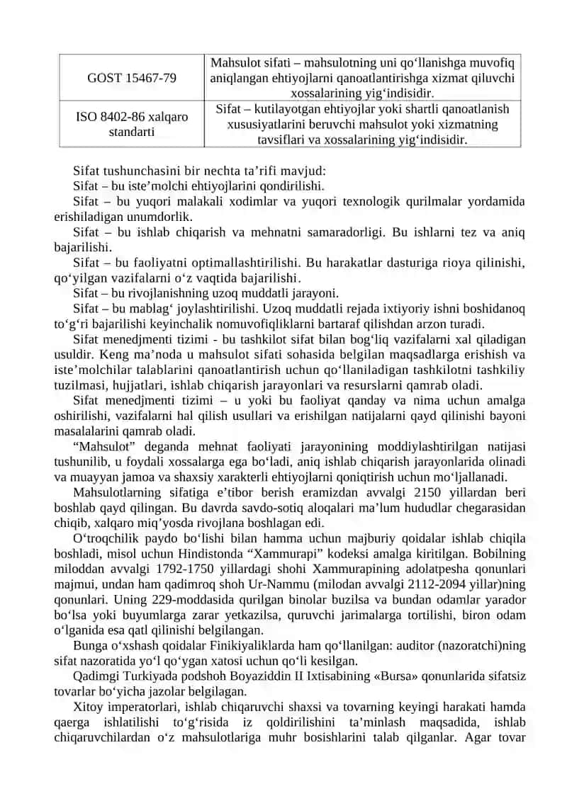 8-MA’RUZA. MAHSULOT SIFATI, SIFAT KO‘RSATKICHLARI. ISO 9000 SERIYASIDAGI STANDARTLAR 2