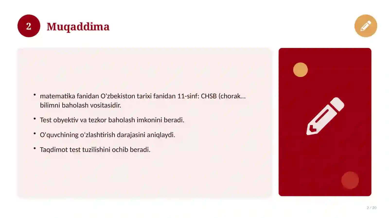 O'zbekiston tarixi fanidan 11-sinf: CHSB (chorak summativ baholash) 2