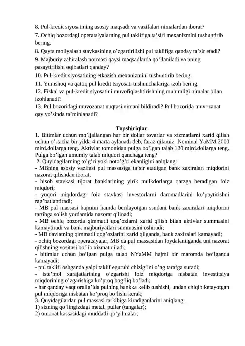 PUL VA QIMMATLI QOG‛OZLAR BOZORI. PUL-KREDIT TIZIMI 2