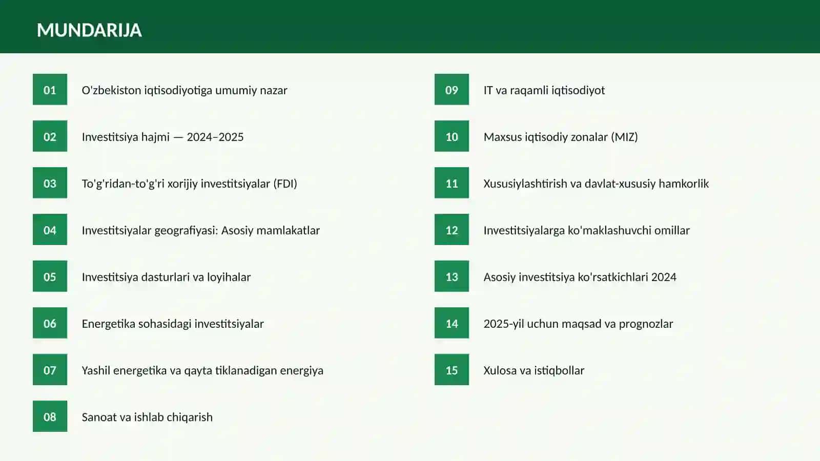 O'ZBEKISTONDA INVESTITSIYALAR 2024–2025 yillar: Raqamlar va tendensiyalar 2