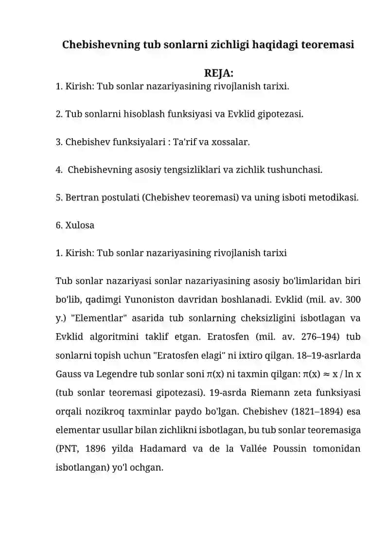 Chebishevning tub sonlarni zichligi haqidagi teoremasi 2
