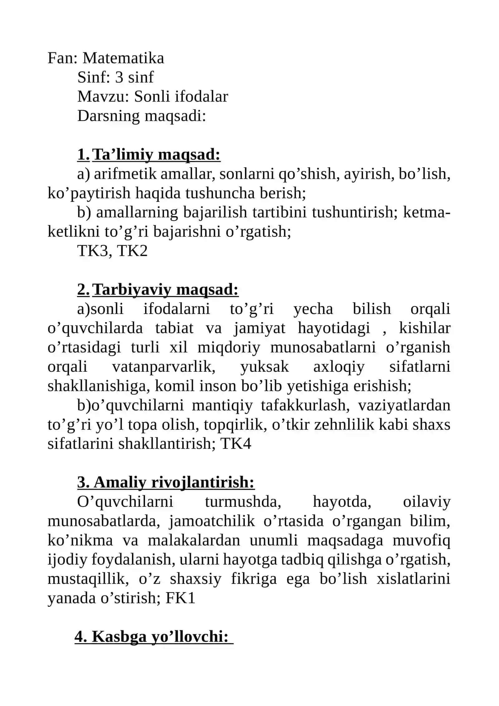 “Sonli ifodalar” mavzusida 3-sinf matematika fanidan bir soatlik DARS ISHLANMASI. 2