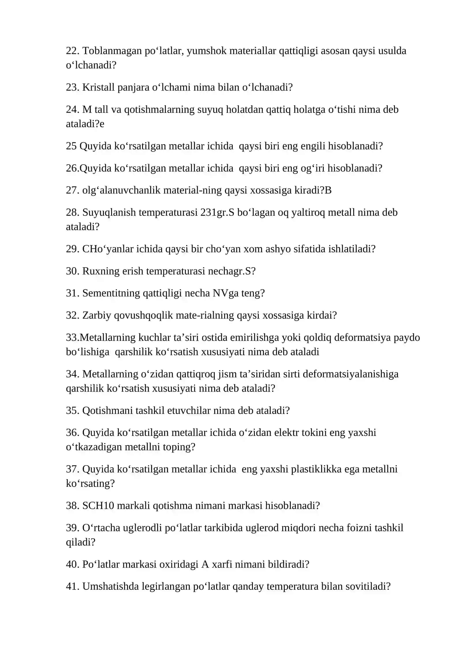 Materialshunoslik fanidan yakuniy nazorat test savollari 2