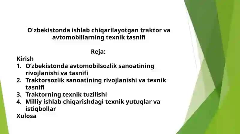 O'zbekistonda ishlab chiqarilayotgan traktor va avtomobillarning texnik ta'snifi 2