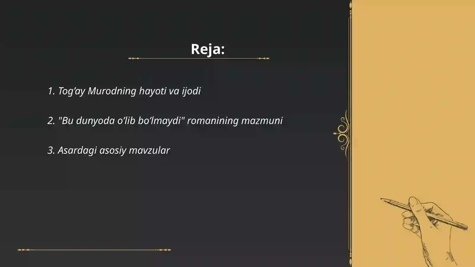 Tog’ay Murod “Bu dunyoda o’lib bo’lmaydi”romani 2