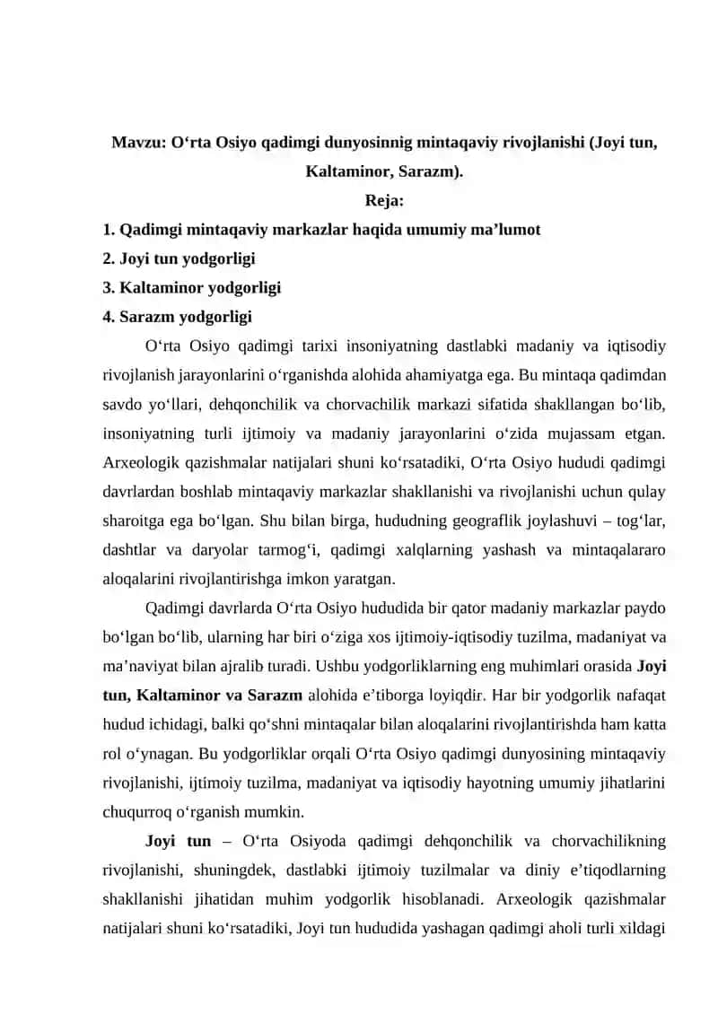 O‘rta Osiyo qadimgi dunyosinnig mintaqaviy rivojlanishi 2