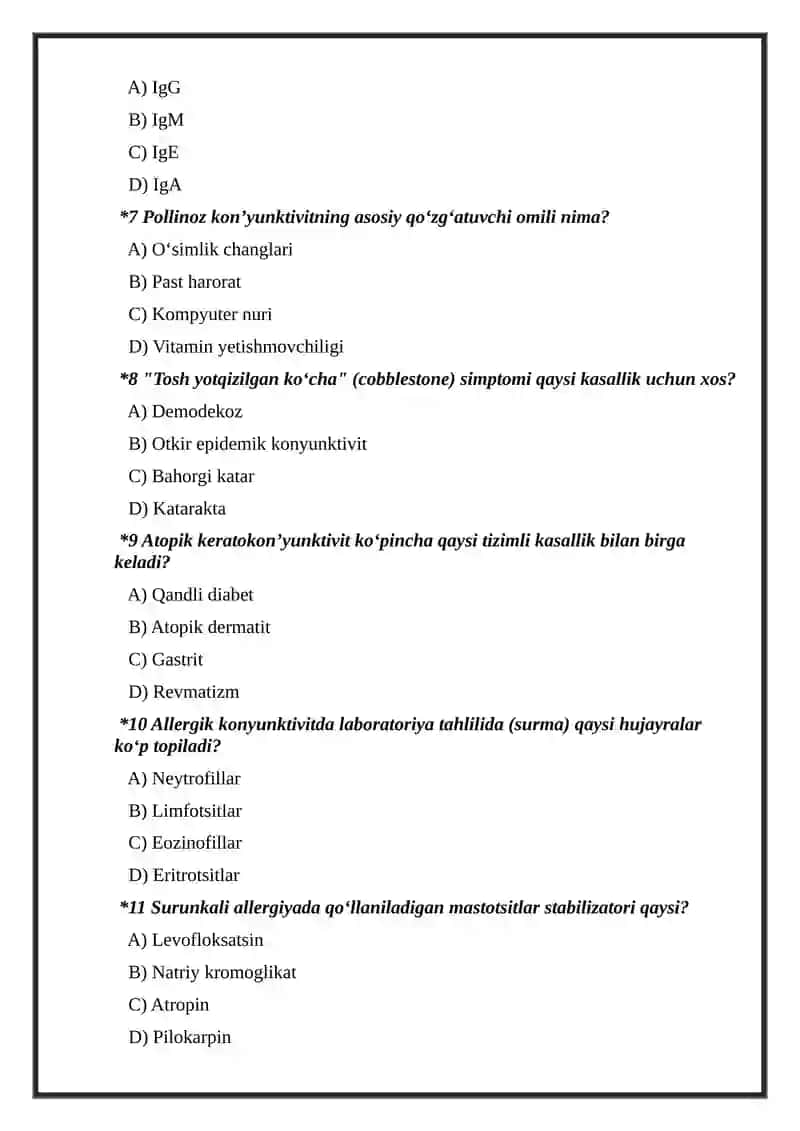 Koʻruv aʼzosining allergik kasalliklari boʻyicha test savollari 2