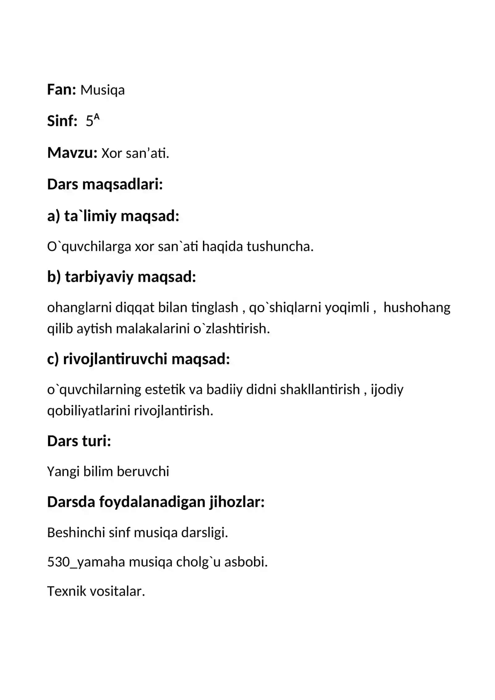 5-sinf Musiqa fanidan Xor san'ati mavzusida dars ishlanma 2