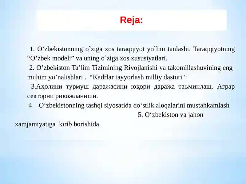 O'zbekistonning o'ziga xos taraqqiyot yo'llari 2
