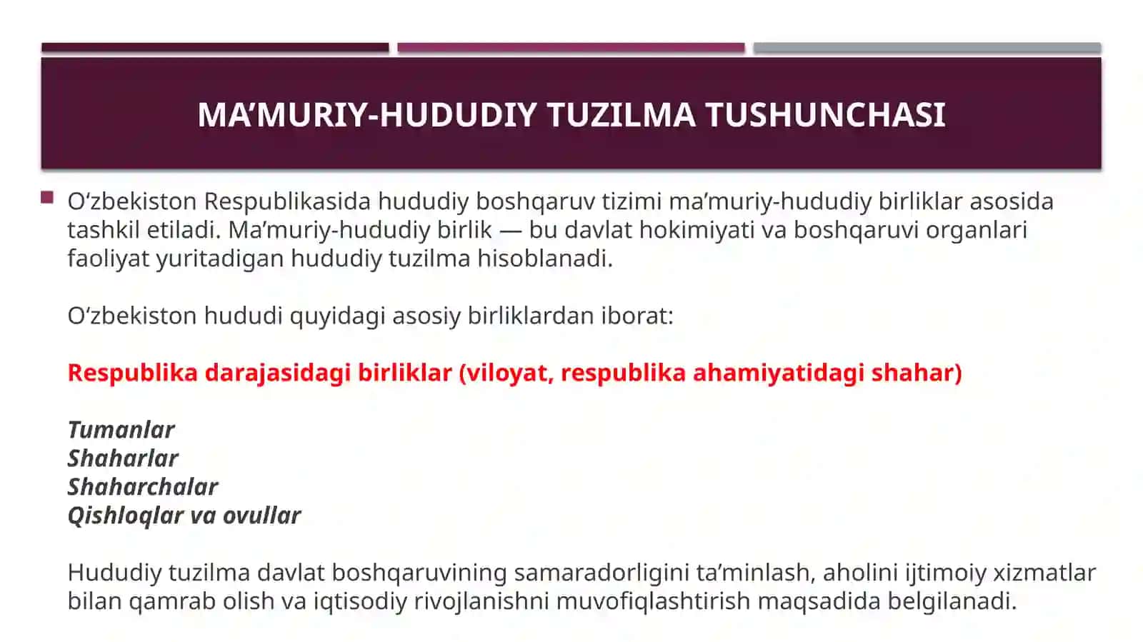Shahar maqomini berish tartibi, ma’muriy-hududiy birliklarni tashkil etish va tugatish tartibi 2