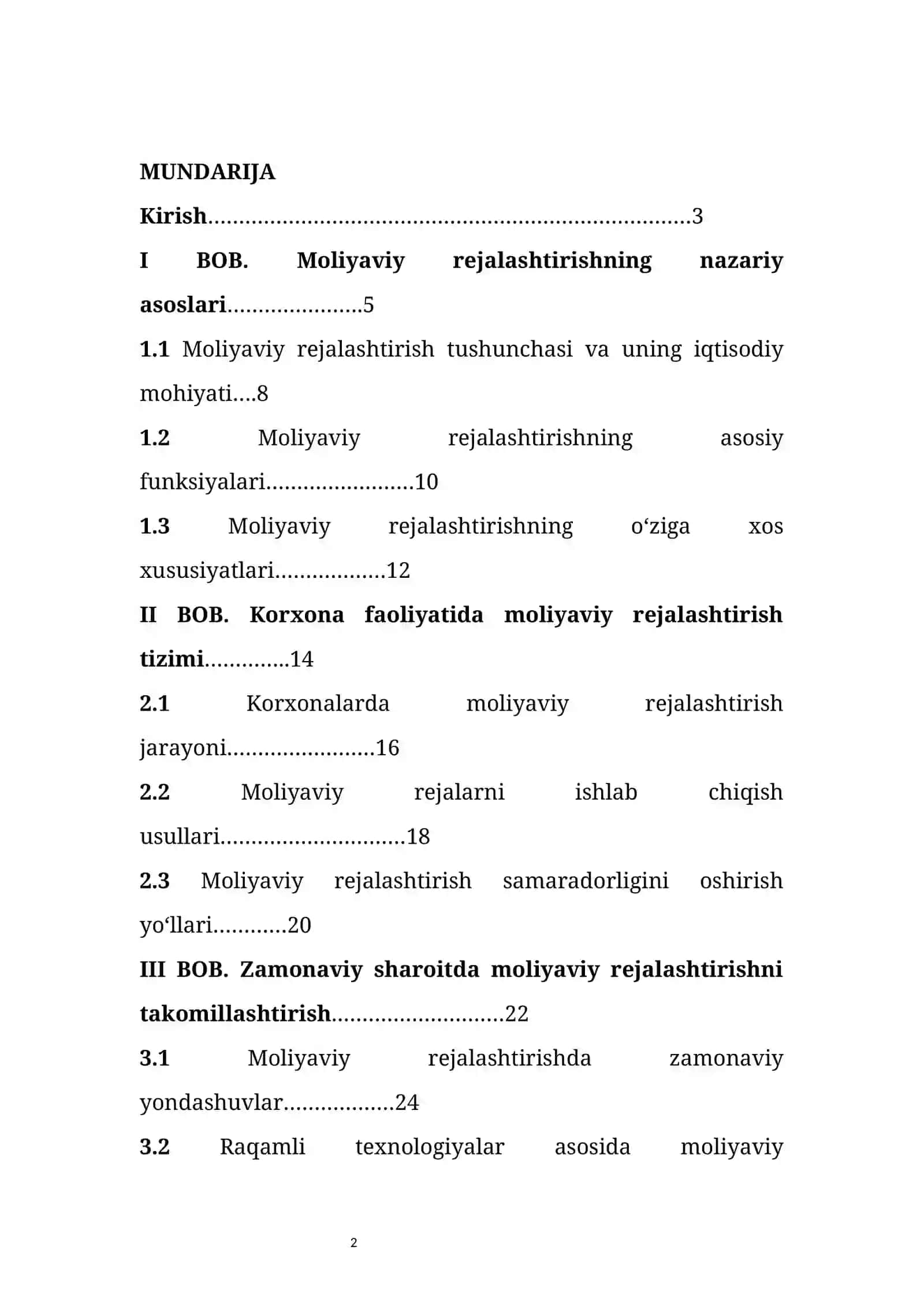 Moliyaviy rejalashtirishning funksiyasi mavzusida tayyor kurs ishi 2