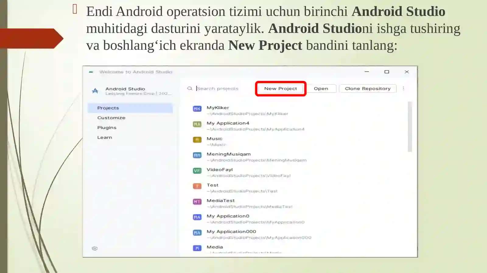 “Androidstudio”dagi birinchi loyiha 2