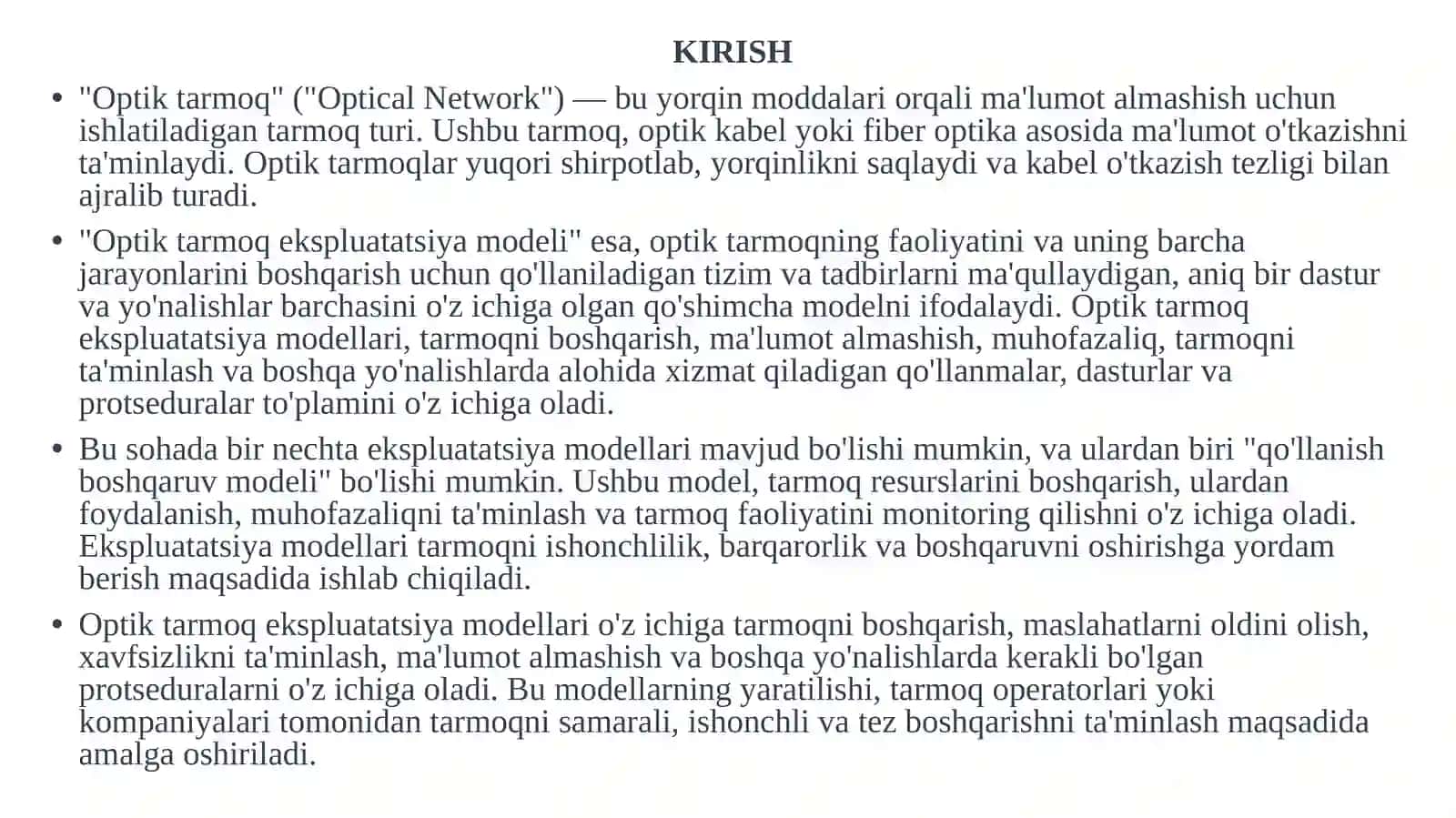 OPTIK ABONENT KIRISH TARMOG’INI TEXNIK EKSPLUATATSIYA MODELINI ISHLAB CHIQISH 2