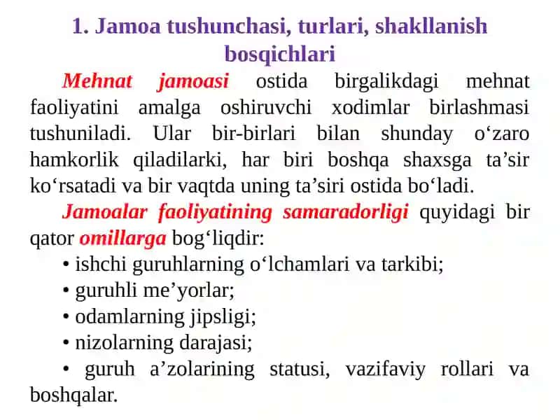 Mehnat jamoasi va uni boshqarish 2