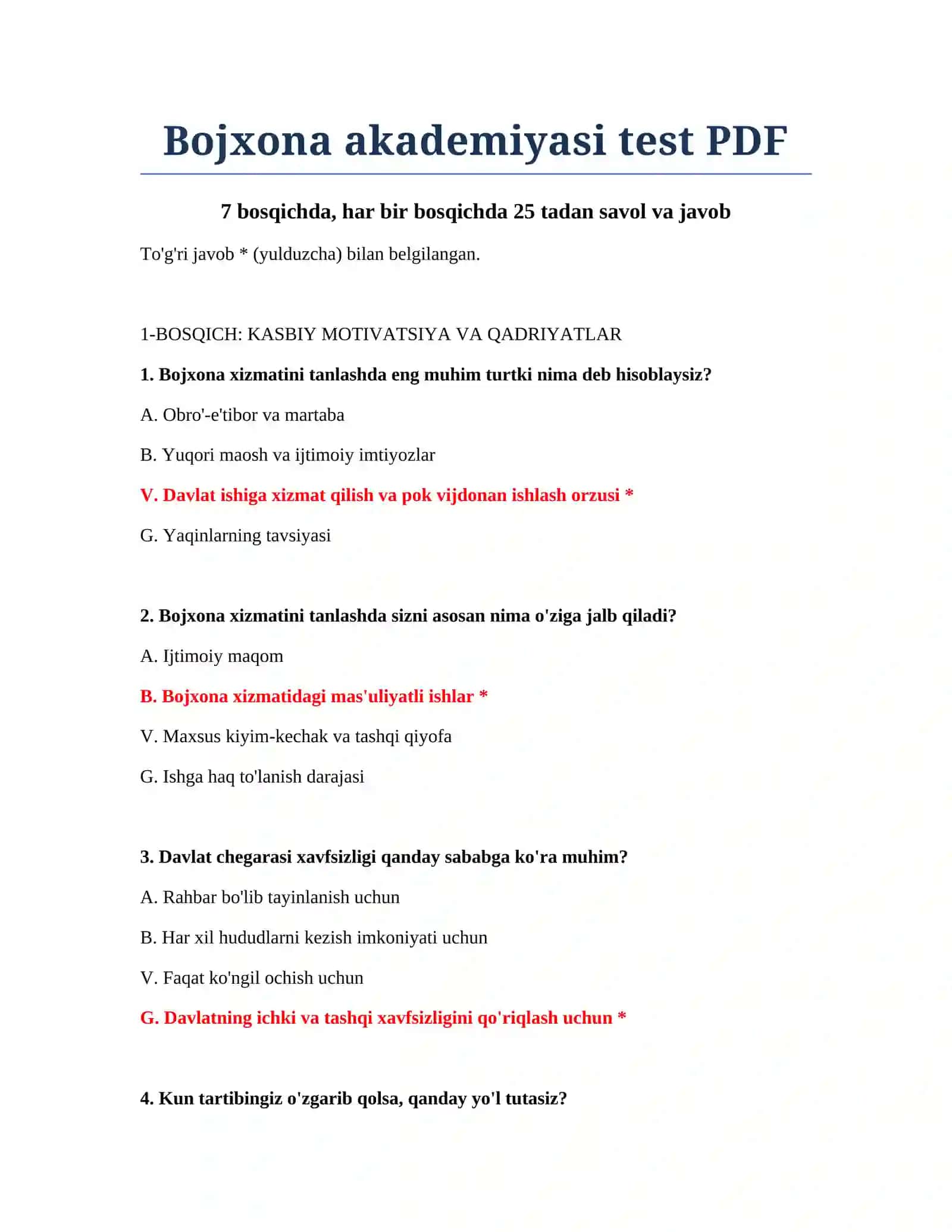 Bojxona akademiyasi test PDF 2