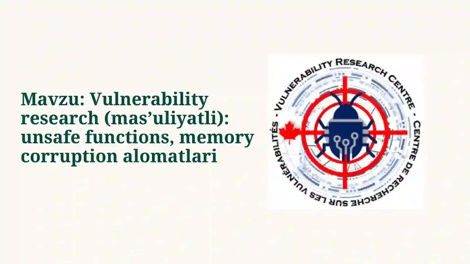 Vulnerability research (mas’uliyatli): unsafe functions, memory corruption alomatları 2