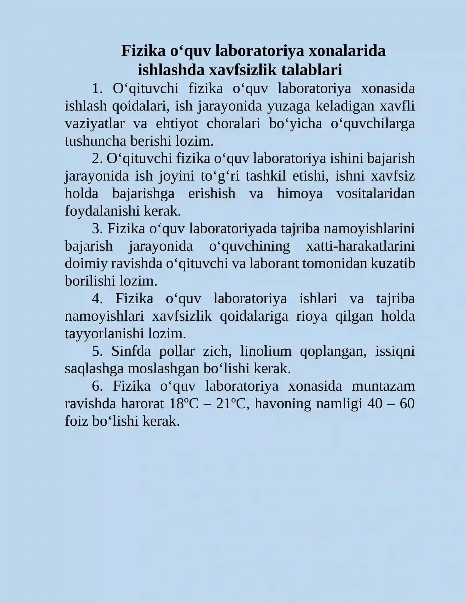 Texnika xavfsizligi qoidalari. BIOLOGIYA, KIMYO, FIZIKA laboratoriyalari uchun 2