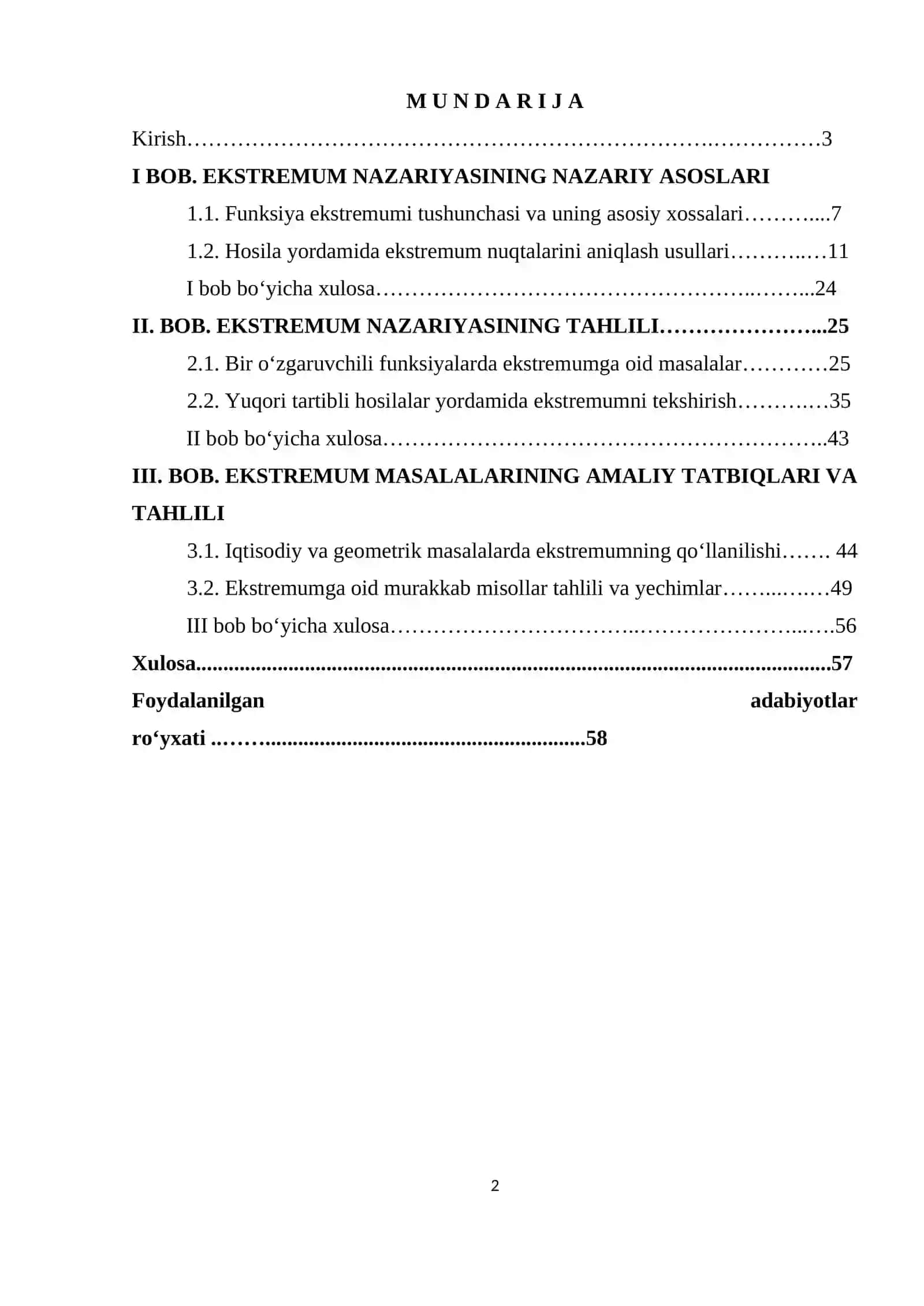 Ekstremumga oid misol va masalalar tahlili 2