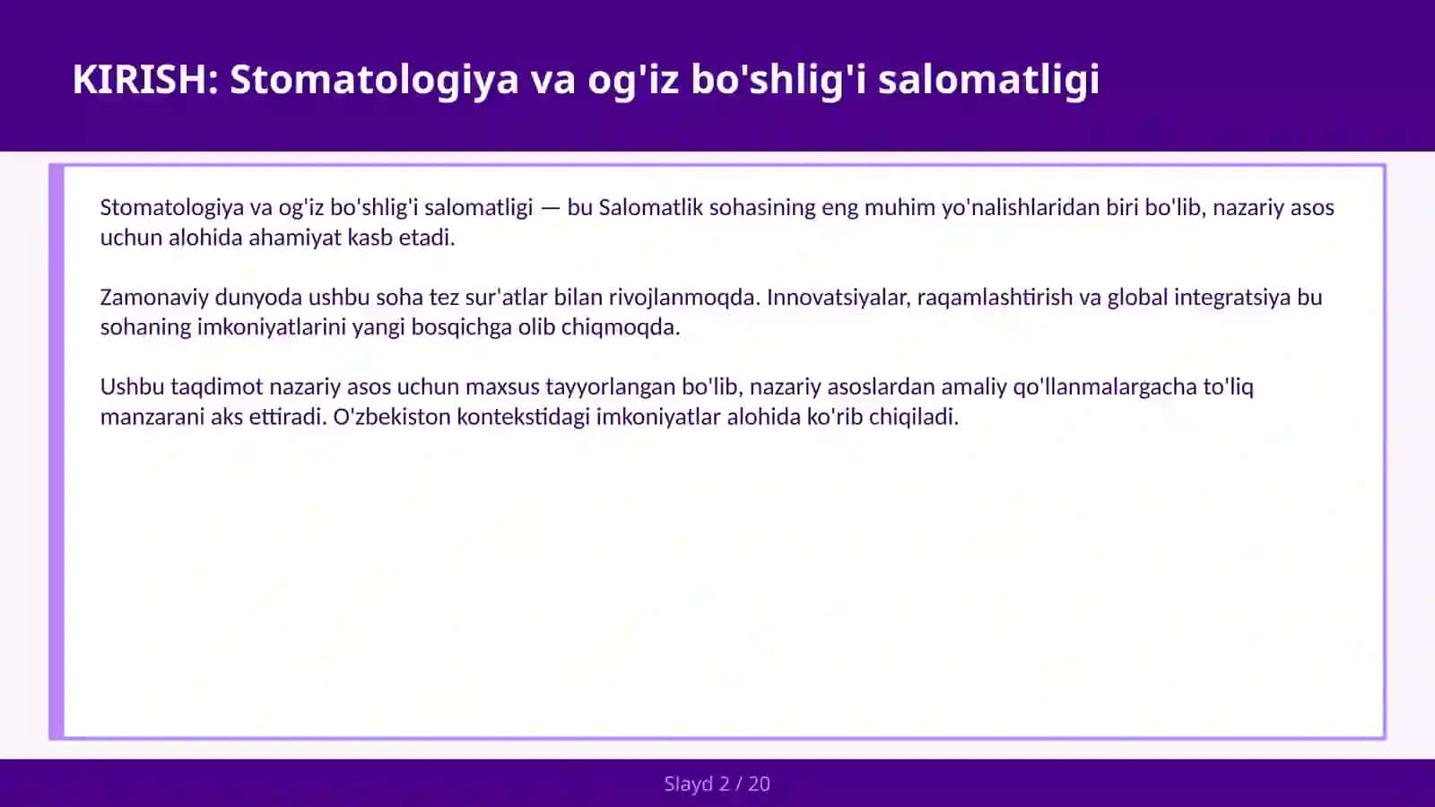 STOMATOLOGIYA VA OG'IZ BO'SHLIG'I SALOMATLIGI 2