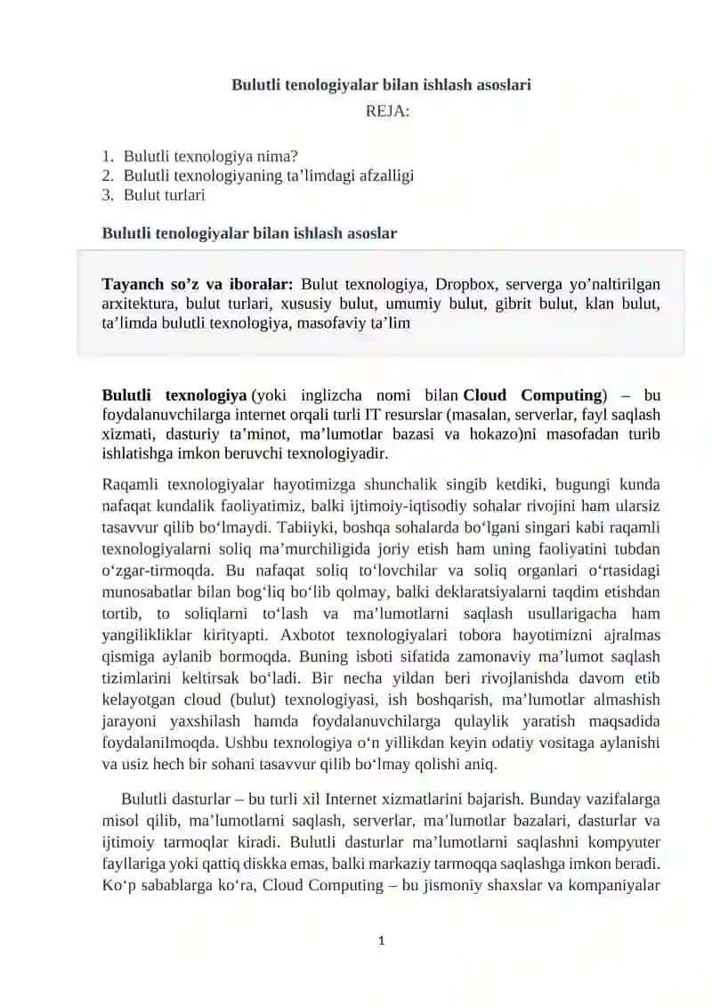 Bulutli tenologiyalar bilan ishlash asoslar 2