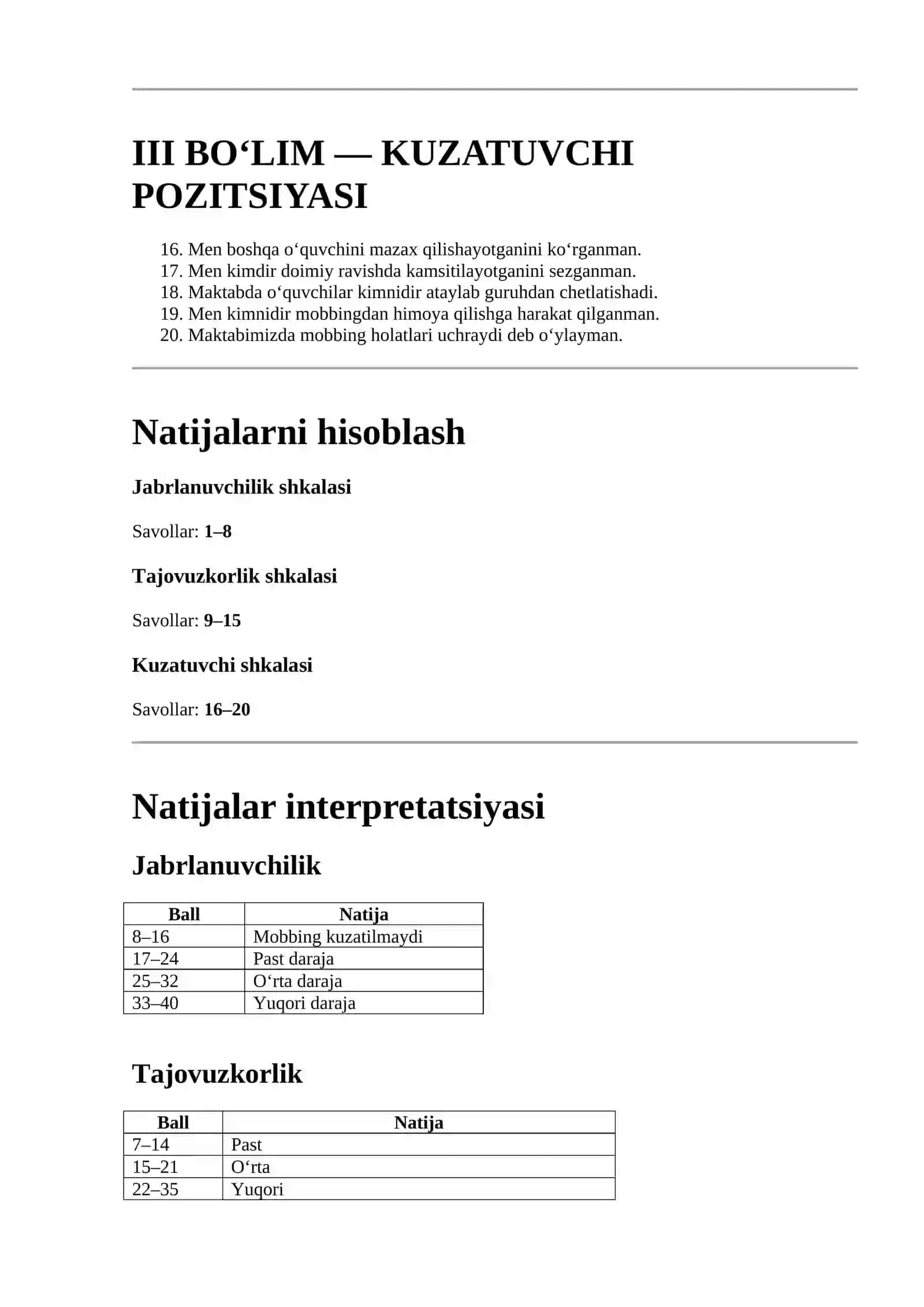 OLWEUS MOBBING SO‘ROVNOMASI (O‘smirlar uchun o‘zbekcha variant) 2