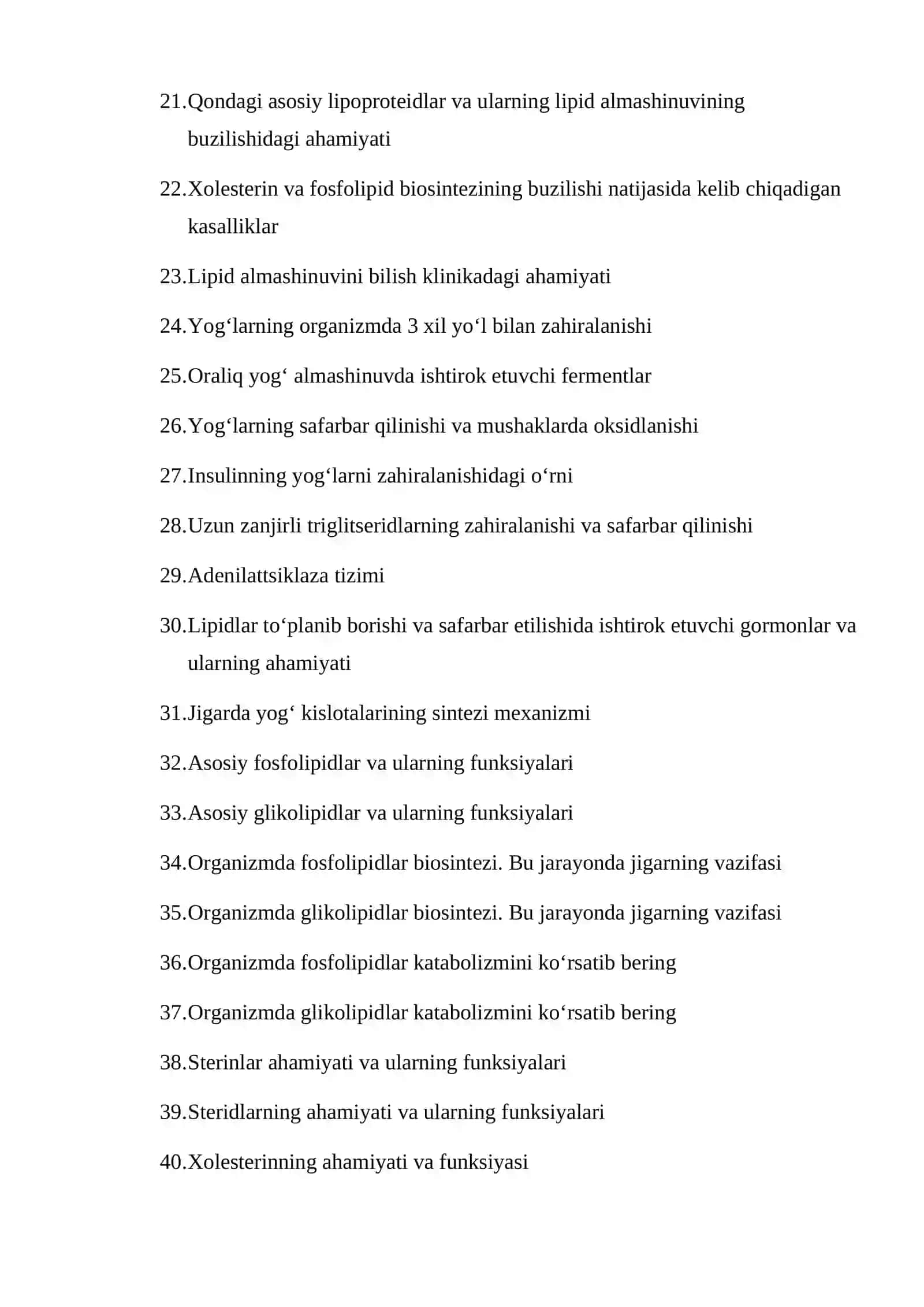 ORALIQ NAZORAT SAVOLLARI BIOKIMYO 2