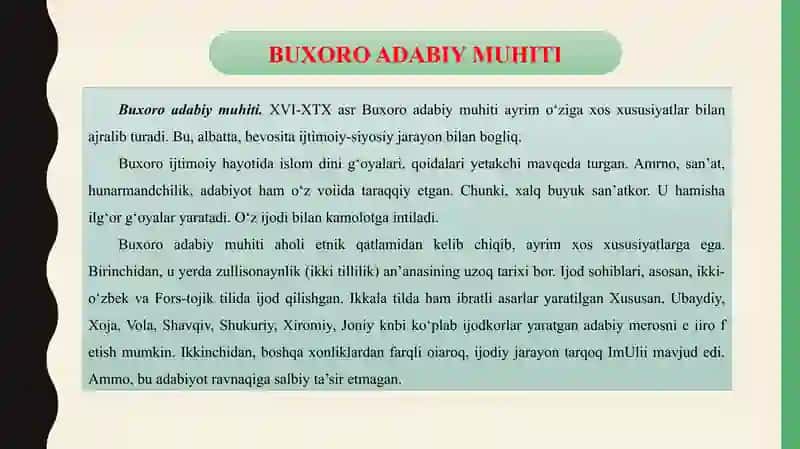 BUXORO ADABIY MUHITI, XOJA IJODI 2