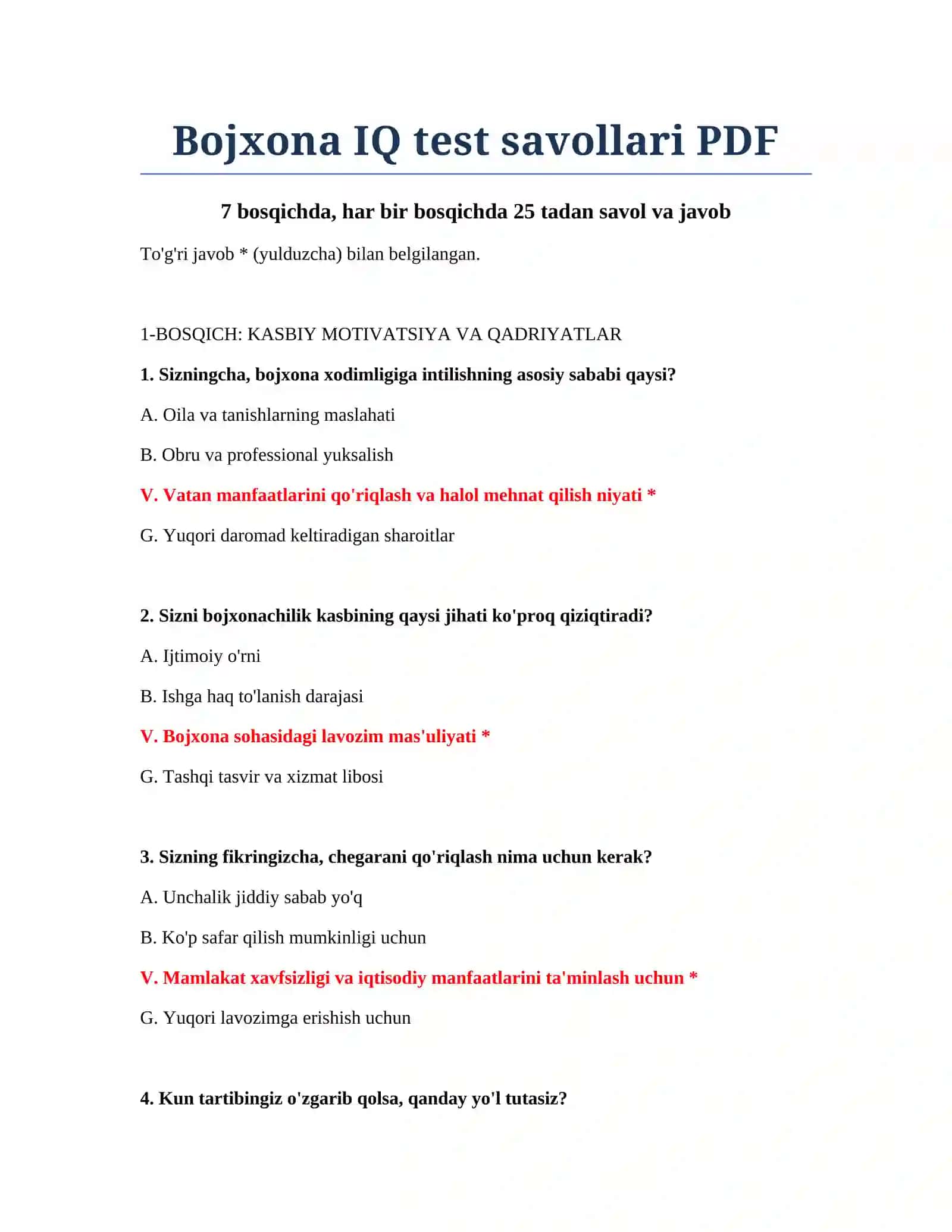 Bojxona IQ test savollari PDF 2