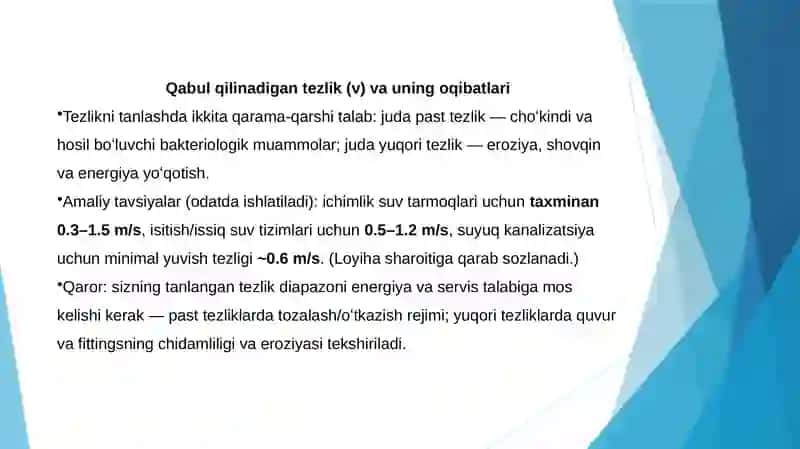 Quvurlar va suv o'tkazgich quvurlarning eng qulay diametrini tanlash 2