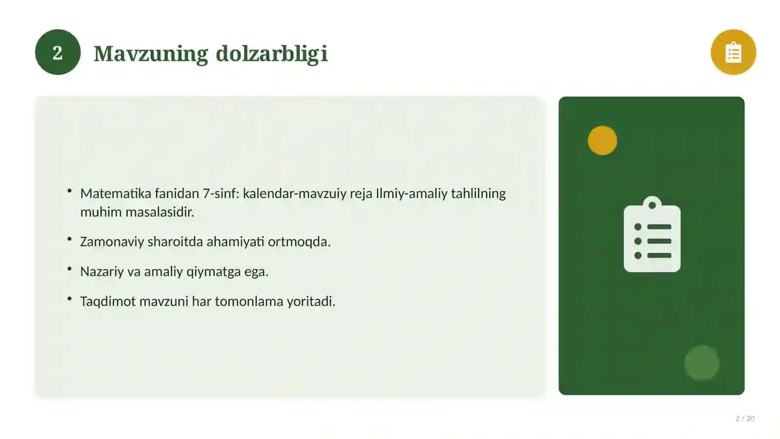 Matematika fanidan 7-sinf: kalendar-mavzuiy reja 2
