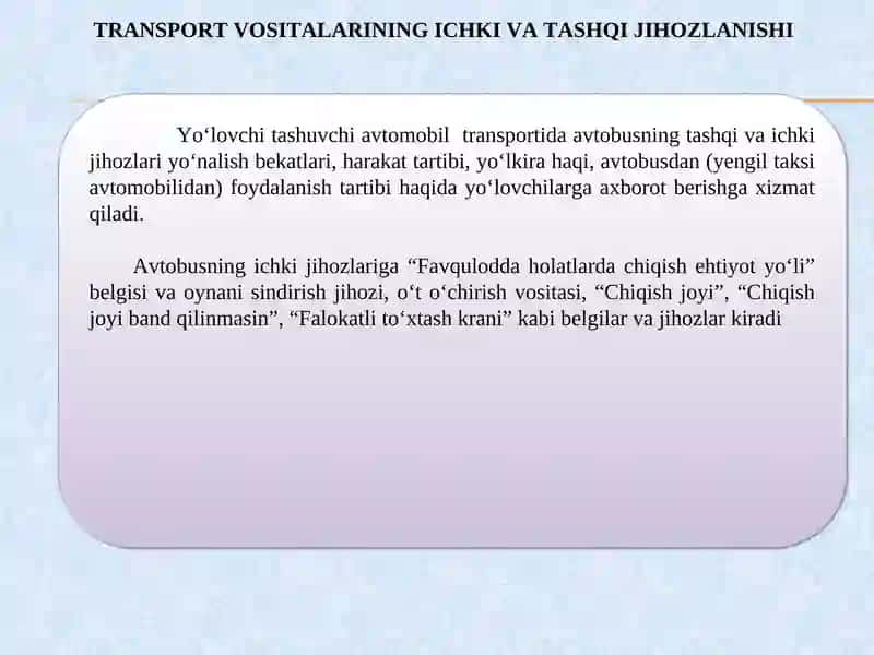 TRANSPORT VOSITALARI VA BEKATLARNING JIHOZLANISHI 2