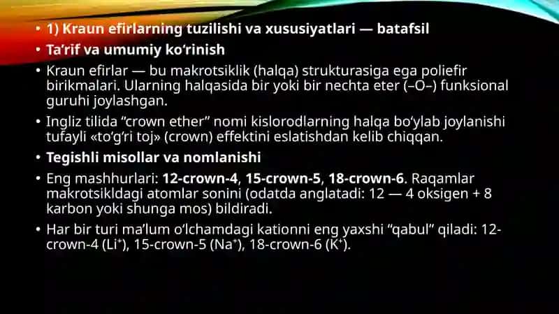 Kraun efirlari – dori vositalari sifatida 2