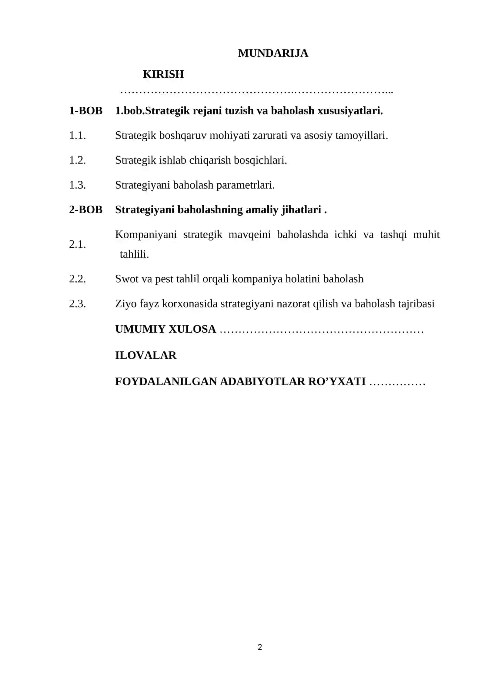 STRATEGIYANING BAJARILISHINI  BAHOLASH VA NAZORAT QILISH 2
