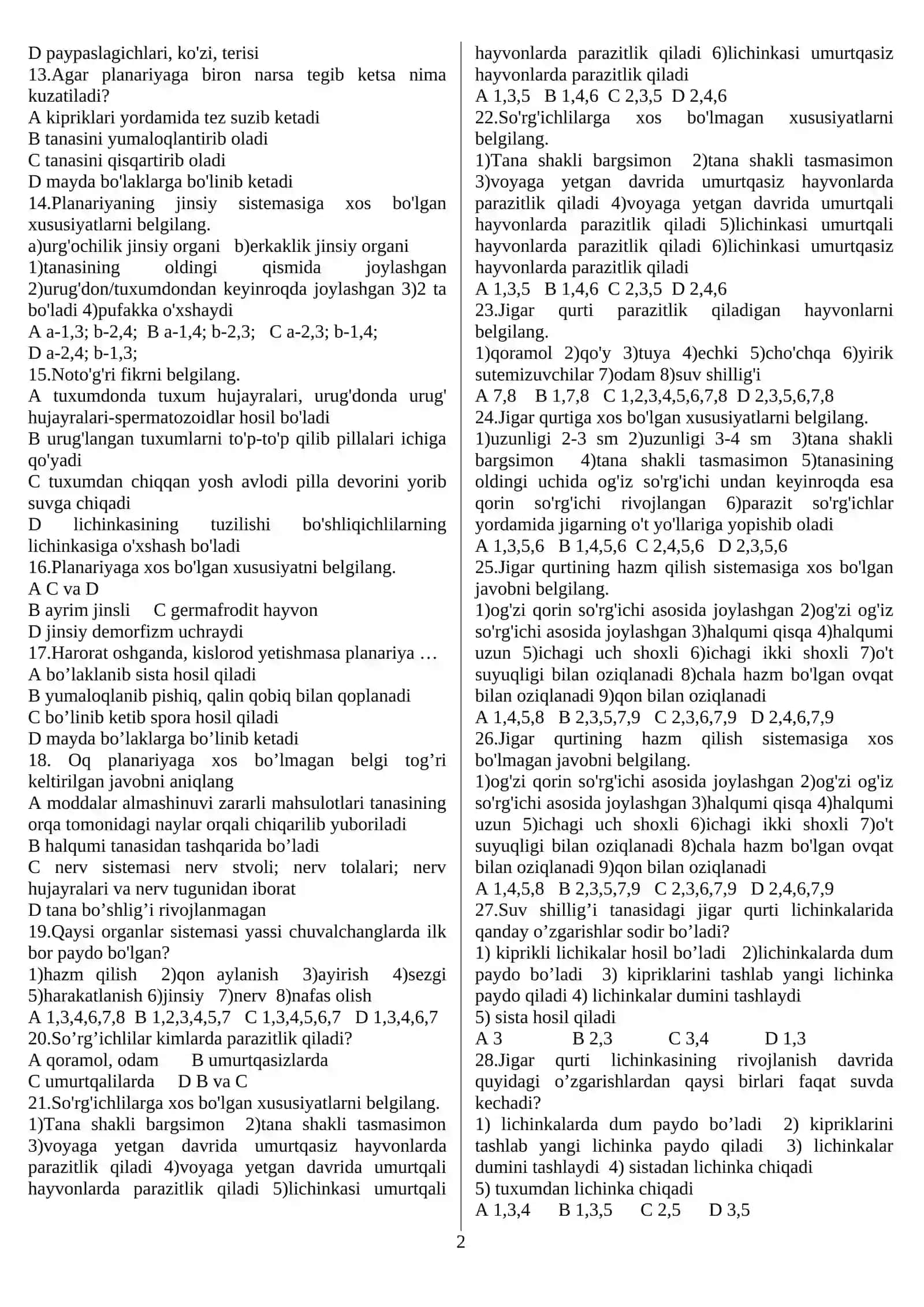Yassi va to'garak chuvalchanglar tiplari 2