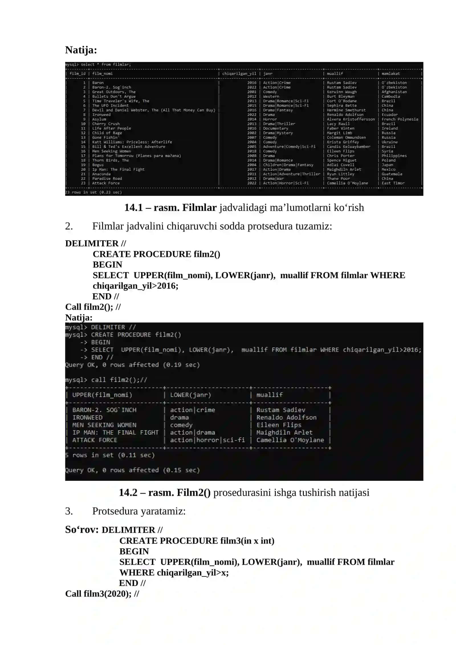 SQLda protsedura va funksiya yaratish 2
