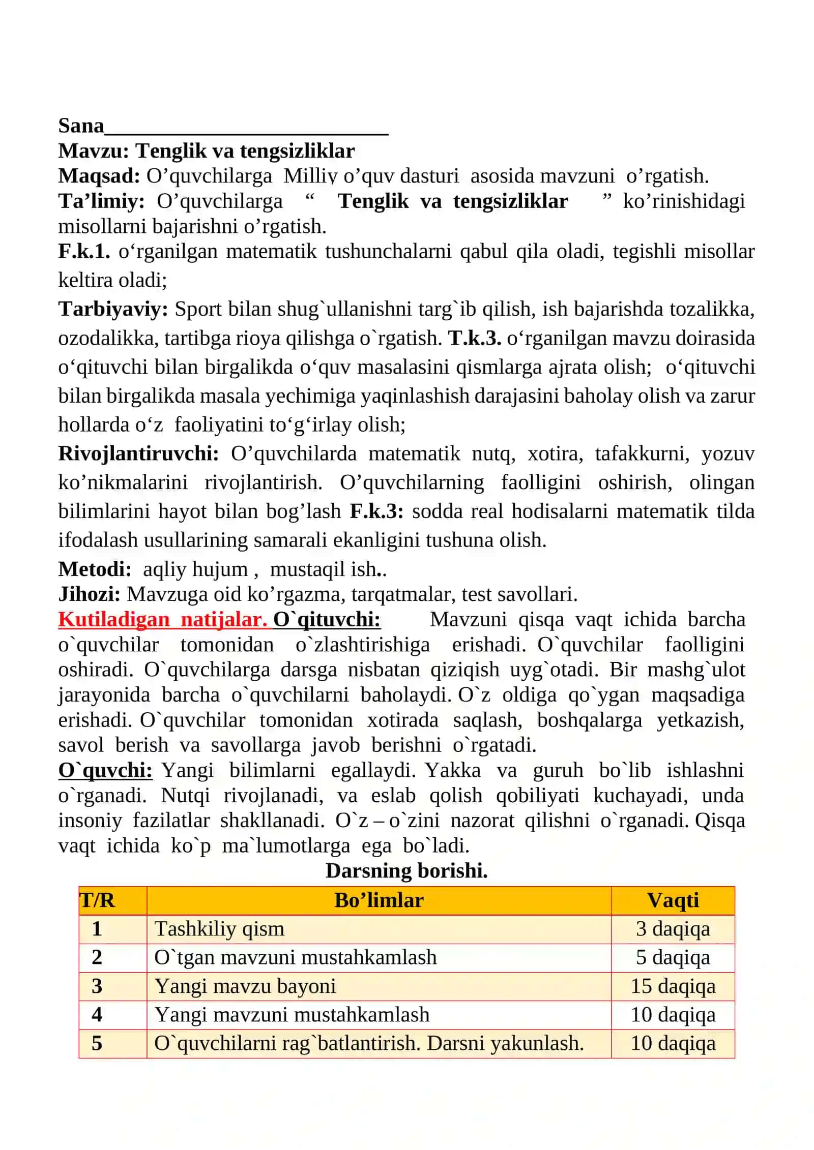 Tenglik va tengsizliklar 1-sinflar uchun Matematika fanidan dars ishlanmasi 2