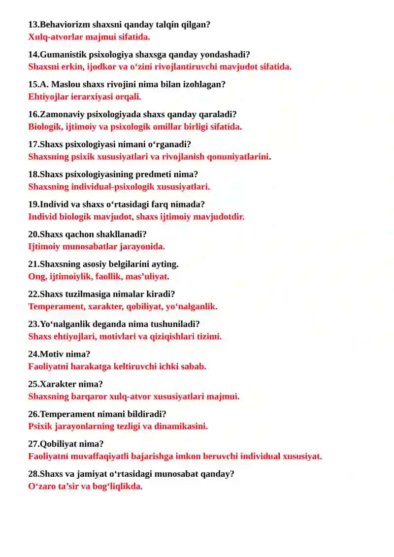 Shaxs psixalogiyasi fanidan 40 ta savol va javob 2