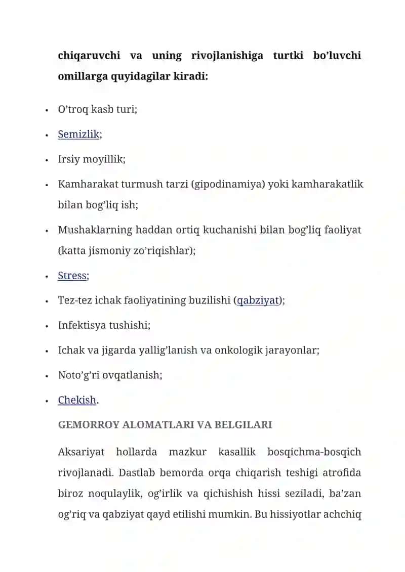 GEMORROY - KELIB CHIQISH SABABLARI, BELGILARI VA DAVOLASH USULLARI 2