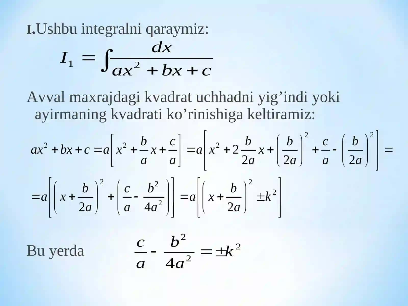 Kvadrat uchhad qatnashgan funksiyalarni itegrallash 2