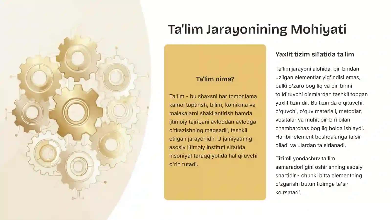 TA‘LIM JARAYONI YAXLIT TIZIM SIFATIDA. TA‘LIM TAMOYILLARI 2