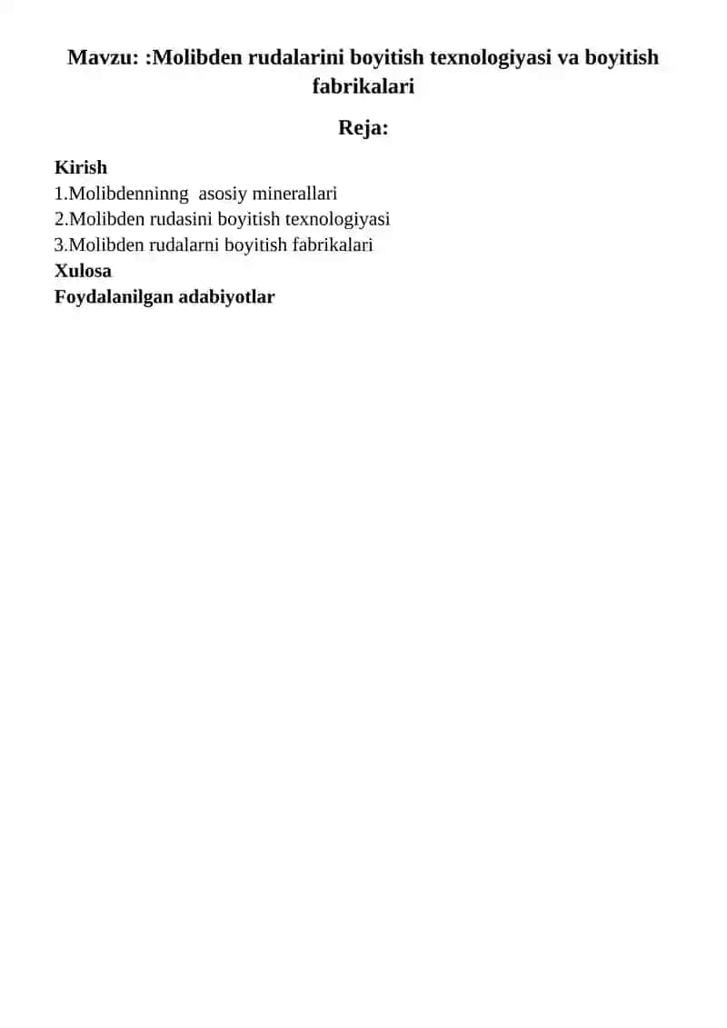 Molibden rudalarini boyitish texnologiyasi va boyitish fabrikalari 2