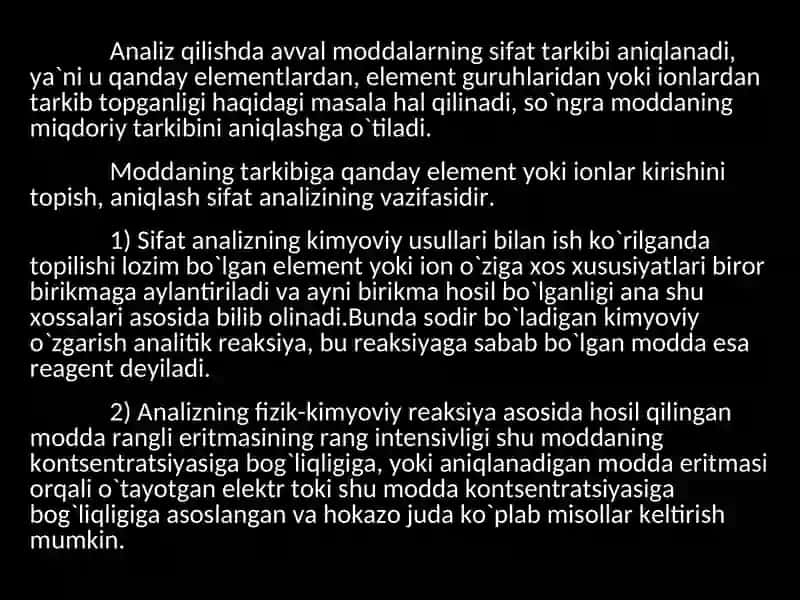 SIFAT ANALIZI USULLARINING SINFLANISHI. REAKSIYALARNI AMALGA OSHIRISHNINGSHART-SHAROITLARI. 2