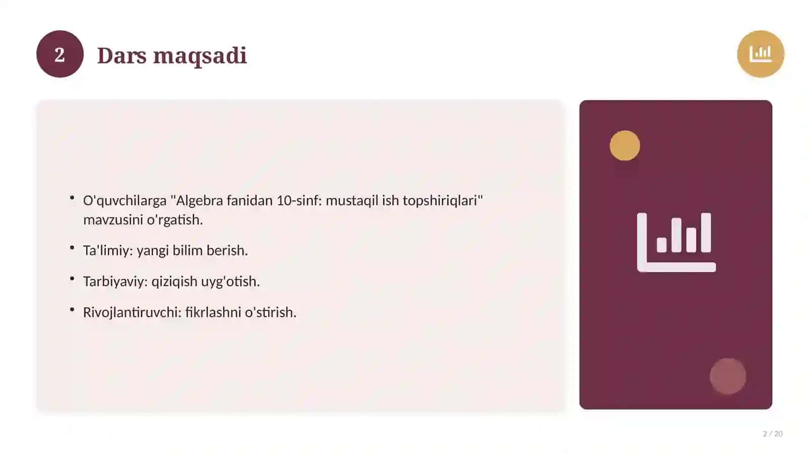 Algebra fanidan 10-sinf: mustaqil ish topshiriqlari 2